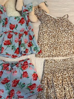 Janie and Jack Leopard Print Skirt and top- blue with red roses top&shorts